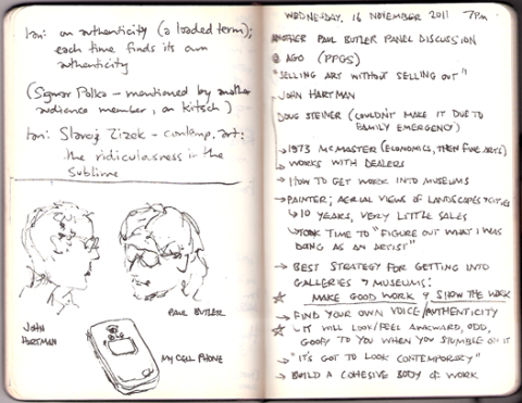 Excerpt of my notes from the AGO's Post-Post-Graduate Studies lecture series, with sketches of John Hartman, Paul Butler and my cell phone.